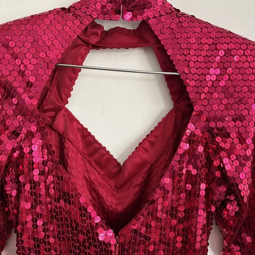Vintage 80s NITELINE Size 4 Dress Dark Pink Sequins STRETCH Evening Party Club - Picture 5 of 12